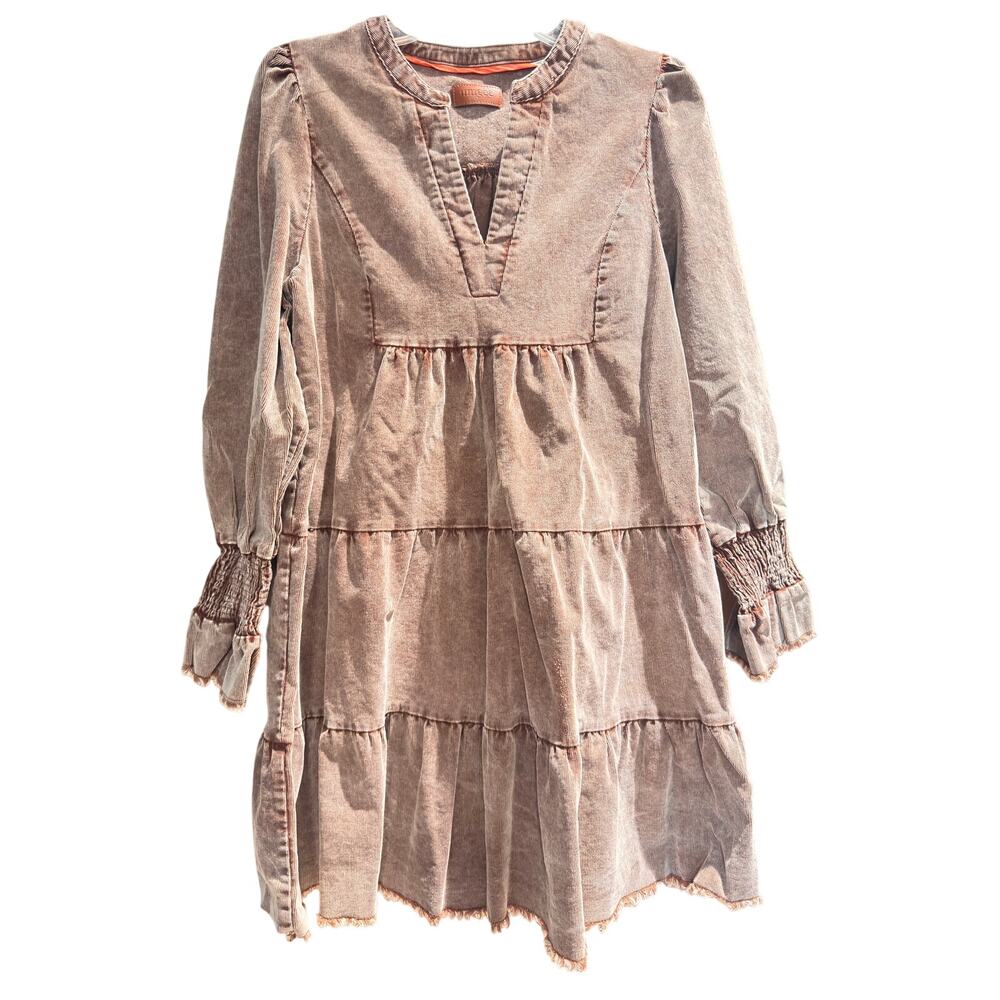 Umgee Stone Washed Corduroy Tiered Mini Dress Brown Size Medium